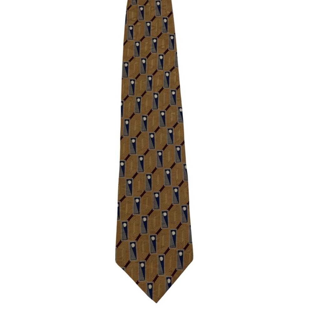 Etienne Aigner Brown Red Blue Geometric Print 100% Silk Mens Tie Necktie - Picture 2 of 5